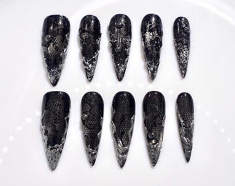 Black Gothic Stiletto Press On Nails | Silver Lace Texture | Ice Crystal Effect | Dark Elegant Nail Art | Black Shiny Gothic Halloween Nails