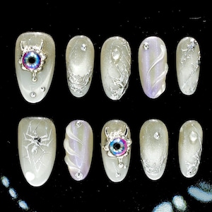 Y2K Spider Press On Nails | Custom Silver Chrome Web Design | 3D Evil Eye Accent Nails | Purple Glow Fluid Art | Handmade Set