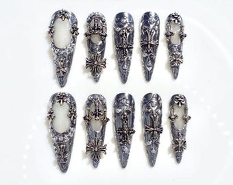 3D Chrome Heart Gothic Press On Nails | Silver 3D Cross Nail Art | Handmade Punk Fake Nails|Metallic Acrylic Long Stiletto Shaped Nails