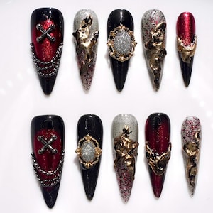 Custom 3D Punk Press On Nails | Cool Metal Chrome Nail Art | Luxury Mystical Coquette Nails | Y2k Handmade Stiletto Nails | Red&Black Nails