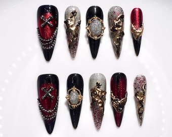 Custom 3D Punk Press On Nails | Cool Metal Chrome Nail Art | Luxury Mystical Coquette Nails | Y2k Handmade Stiletto Nails | Red&Black Nails