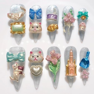 3D Blue-Gray Cat Kitty Handmade Floral Press-On Long Almond Nails With Toys&Castle | Colorful Hand-Painted Unique Nail Art With Bow