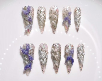 3D Mermaid Ocean Myth Beachside Mirage Dreamy Handmade Almond Press On Nails | Romantic Pearl French Secret Gradient Purple&Silver Nails
