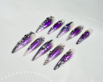 Chrome Heart Silver Press On Nails | Luxury Metallic Nail Art | Mystical Silver & Purple Fake Nails | Y2k Coquette Cool Ombre Stiletto Nails