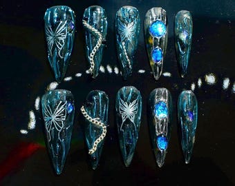 Custom Handmade Press On Nails |Blue Butterfly Chain Design|Gothic Galaxy Metallic Cyberpunk Stiletto Nails|Silver Circuit Board Wire Design