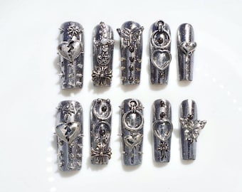 3D Chrome Heart Gothic Press On Nails with Spikes | Silver 3D Cross Nail Art | Handmade Punk Fake Nails|Metallic Acrylic Coffin Shaped Nails
