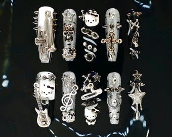 Gothic Kitty Punk Rockstar Custom Handmade Press On Nails | 3D Skull Cross Guitar & Spikes | Y2k Black White Silver Grunge Fake Coffin Nails