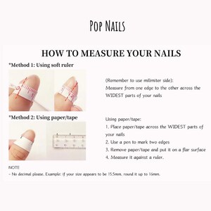 Puede incluir: Imagen que muestra instrucciones sobre c&oacute;mo medir las u&ntilde;as para Pop Nails. El texto incluye dos m&eacute;todos: usando una regla flexible y usando papel/cinta. La imagen tambi&eacute;n incluye el texto "POP NAILS" y "C&Oacute;MO MEDIR TUS U&Ntilde;AS".