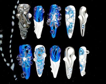 Handmade Custom Press On Nails | Y2K Gothic|3D Water Bubble Frost&Flower| Icy Liquid Chrome Liquid Metal|Ethereal Winter Wonderland Stiletto