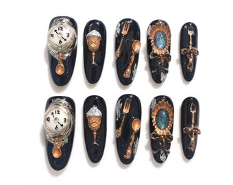 Custom Handmade Press On Nails | Gothic Baroque Antique Clock & Spoon | 3D Gold Silver Black Nails | Reusable Luxury Fake Nails |Unique Gift