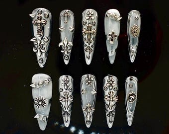 Silver Chrome Gothic Press On Nails | 3D Cross Metal Stud Nails | Handmade Custom Alternative Nail Set | Long Stiletto Chrome Design
