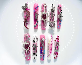 Handmade Custom Press On Nails | Hot Pink Gyaru Y2K | 3D Silver Heart Cross Charm | McBling Rhinestone | Harajuku Graffiti | Long Square