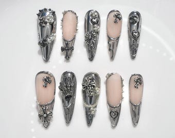 3D Chrome Heart Gothic Press On Nails | 3D Handmade Silver Cross Punk Fake Nails Art | Metallic Embellished Nude Long Stiletto Shaped Nails