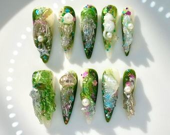 Ocean Myth Handmade Press-On Nails | Colorful Nail Art | Green Unique Hand-Painted Nails With Jellyfish Mermaid Dolphin| Spring&Summer|Gift