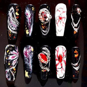 3D Gothic Punk Feather Chain Press On Nails | Black Gold Ruby Red Tattoo Feather Chains | Handmade Luxury Long Stiletto False Edgy Nails
