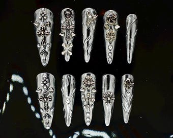 Custom 3D Chrome Gothic Press On Nails | Silver 3D Cross Nail Art | Handmade Punk Fake Nails|Metallic Acrylic Long Stiletto Shaped Nails