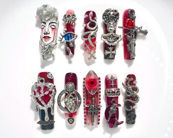 Gothic Press On Nails | Red Black Snake Cross Skull Design | 3D Handmade False Nails Long Coffin | Dark Occult Nail Art