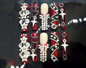 Custom Handmade Press On Nails | Gothic 3D Star Charm & Metal Chain | Grunge Rockstar Punk Gem Coffin Crystal Rhinestones Nails with Spikes