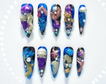 Mermaid Ocean Press On Nails Set | Handmade Custom | 3D Jellyfish Sea Shell Starfish | Long Stiletto Glue On | Spring Summer Vacation Nails