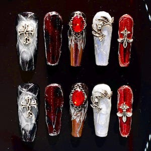 Gothic Vampire Cross Ruby Dragon Claw Nails Black Red White Silver | Handmade Dark Luxury Stiletto Press Ons Halloween Goth Gem Charms