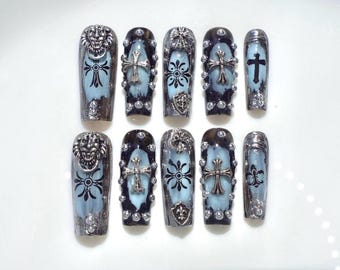 Chrome Hearts Armor Gothic Coffin Shaped Press On Nails | 3D Handmade Blue & Silver Nails | Edgy Nails for Birthday Party Holiday,Vacation