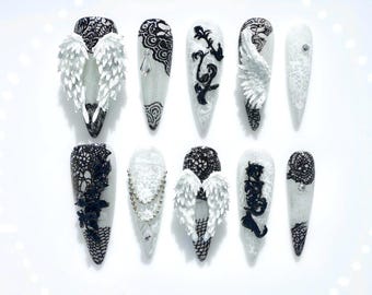 3D Angel Wings White&Black Punk Goth Press On Nails | Handmade Mystical Y2K Long Stiletto Shaped Gothic Nails | Lace Details Elegant Nails
