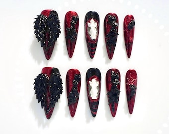 Handmade 3D Dark Angel Wings Red&Black Punk Goth Press On Nails | Mystical Y2K Long Stiletto Shaped Gothic Nails |Custom Vampire Fantasy Art
