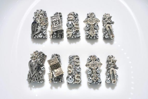 Silver Chrome Duck Nails Y2K Baddie 3D Cross Money Cash Gems | Handmade Custom Flare Luxury Press Ons Punk Goth Grunge Jewels Heavy Metal