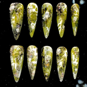 Custom Handmade Press On Nails | Mossy Green Swamp Aesthetic | Organic Bubble Texture Stiletto Nails | Unique Goblincore Nature Art Gift