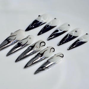 Chrome Silver Flame Press On Nails | Luxury Metallic Fire Nail Art | Mystical Silver&Black Fake Nails |Y2k Coquette Cool Metal Stiletto Nail