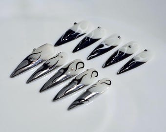 Chrome Silver Flame Press On Nails | Luxury Metallic Fire Nail Art | Mystical Silver&Black Fake Nails |Y2k Coquette Cool Metal Stiletto Nail