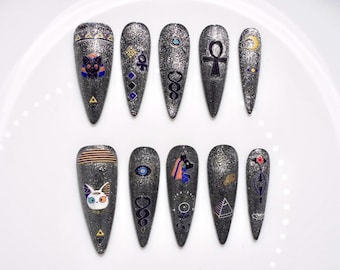 Handmade Egyptian Cat Glitter Long Almond Nails | Metal Y2k Grey & Silver Press on Nails | Trendy Cool Kawaii Nails | Salon Quality Nails