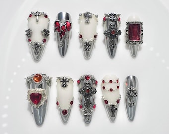 3D Gothic Press On Nails | Silver Chrome with Red Gemstone & Cross Charms | Handmade Almond False Nails | Dark Vampire Gothic Style