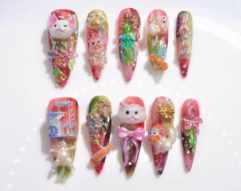 3D Candy Cat Press On Nails Set | Handmade Custom | Pink Fairy Tale Pets Flowers | Long Stiletto Glue On | Spring Summer Cute Kawaii Nails