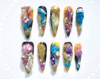 3D Golden Mermaid Press On Nails Set | Handmade Custom Jellyfish Seashell Coral | Long Stiletto Glue On | Spring Summer Beach Vacation Nails