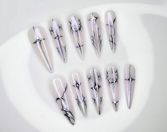 Mystical Silver Punk Goth Press On Nails | 3D Enigmatic Patterns Artistic Nails | Handmade Y2K Long Stiletto Shaped Gothic Nails | Nail Art