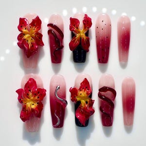 3D Flower & Snake Nails | Custom Handmade Press on Nails | Faux Acrylic Gel Nails | Hand Painted Nails | Red Serpent Coffin Nails | Gift