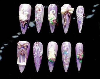Uñas postizas 3D con forma de cisne, purpurina morada, lazo rosa y perla / Estilo vintage hecho a mano, estilo stiletto, elegantes, de cuento de hadas, románticas, de palacio y florales.