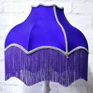 Indigo Dupion Silk Lampshade: Handmade Purple Fringe, Lilac Braid