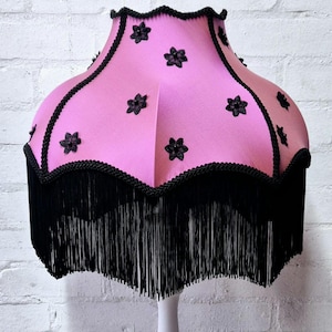 Rosa - Pink silk lampshade, black embroidered flowers with black braid & fringe! Vintage inspired lampshades. Lampshades made to order.