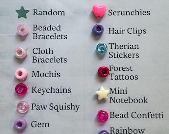 May include: A list of products from Clove's Paw Scoops, including beaded bracelets, hair clips, stickers, and more. The text is in a handwritten style, with each item accompanied by a small, colorful bead or charm. The background is a light blue.