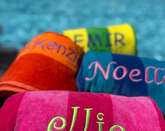 Personalized Monogram Cabana Stripe Beach Towel – Custom Embroidered Cotton Pool Towel