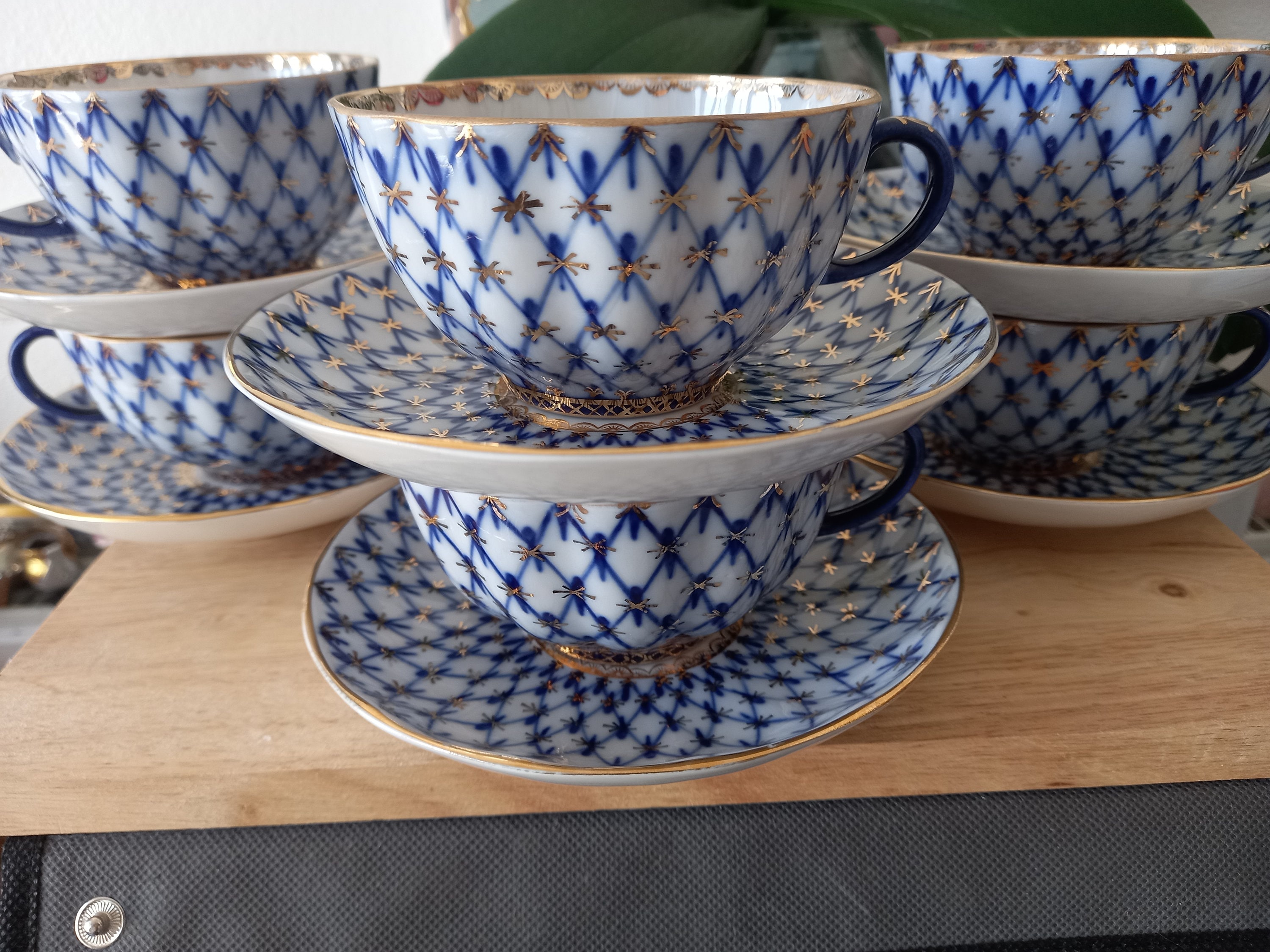 Vintage Lomonosov tea set "Cobalt mesh". 12 items.