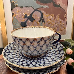 Vintage Lomonosov tea set “Cobalt net”. Excellent condition!