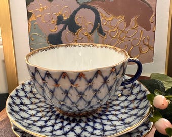 ロモノーソフ LOMONOSOV ソ連時代 コバルトネット トリオ ポットセット Vintage Lomonosov Imperial Porcelain Cobalt Net Tea Trio - Etsy