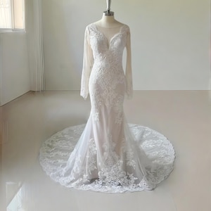 Lace Mermaid Wedding Dress: Long Sleeve V-Neck Bridal Gown