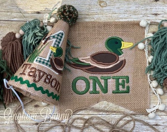 One Lucky Duck Birthday, 2 Pc. Mallard Birthday Set, one lucky duck theme, mallard duck theme.  Hat and Banner.