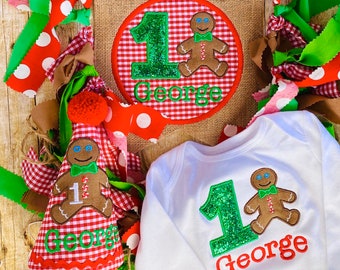 Gingerbread Birthday Set, 3 Pc.,  Gingerbread Hat, Shirt/Bodysuit and Banner, Gingerbread Cake Smash, Gingerbread Birthday, Christmas gift