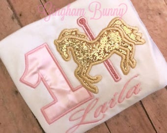 Carousel Birthday Bodysuit  Pink and Gold Glitter Birthday, First Birthday Gift,  1st Birthday Hat, First Birthday Shirt by GINGHAM BUNNY