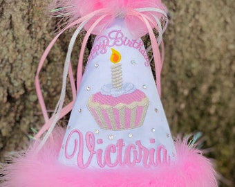 NEW DESIGN, Any Number/Cupcake First Birthday Hat, Boy or Girl, You Choose Colors, by Gingham Bunny Embroidery